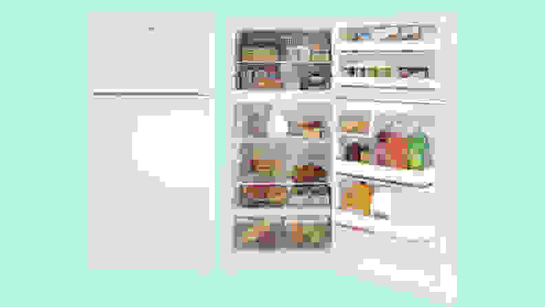 The Hotpoint top-freezer refrigerator, floating in a teal void.
