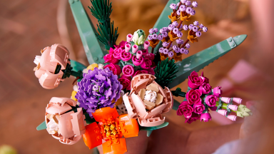 A bouquet of flowers made entirely out of Lego.